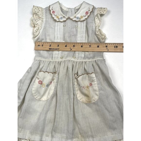 VTG 1950s GERANIO 24mos? Ivory Linen Embroidered SUNDRESS Cottagecore *Needs TLC - Picture 9 of 13